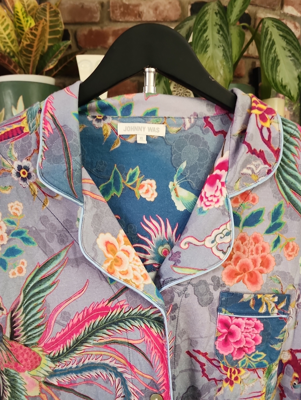 Johnny Was Phoenix Bird Floral Print Button Front Pajama Top - Picture 2 of 8